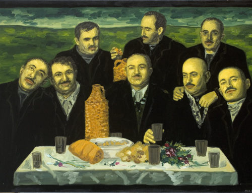 Men in suits, table with food